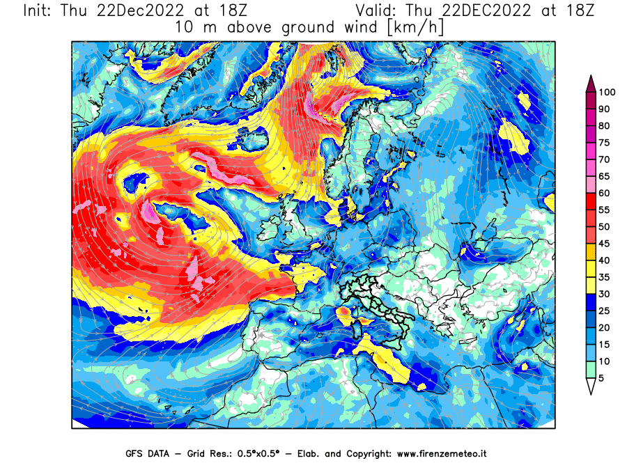 Mappa di analisi GFS - Velocità del vento a 10 metri dal suolo [km/h] in Europa
							del 22/12/2022 18 <!--googleoff: index-->UTC<!--googleon: index-->