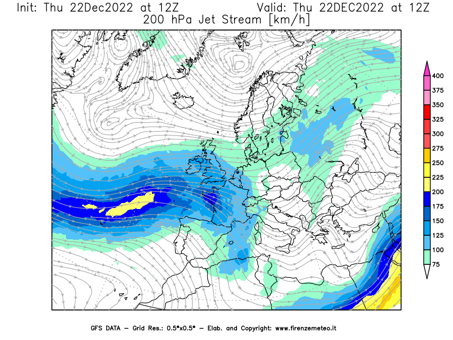 Mappa di analisi GFS - Jet Stream a 200 hPa in Europa
							del 22/12/2022 12 <!--googleoff: index-->UTC<!--googleon: index-->