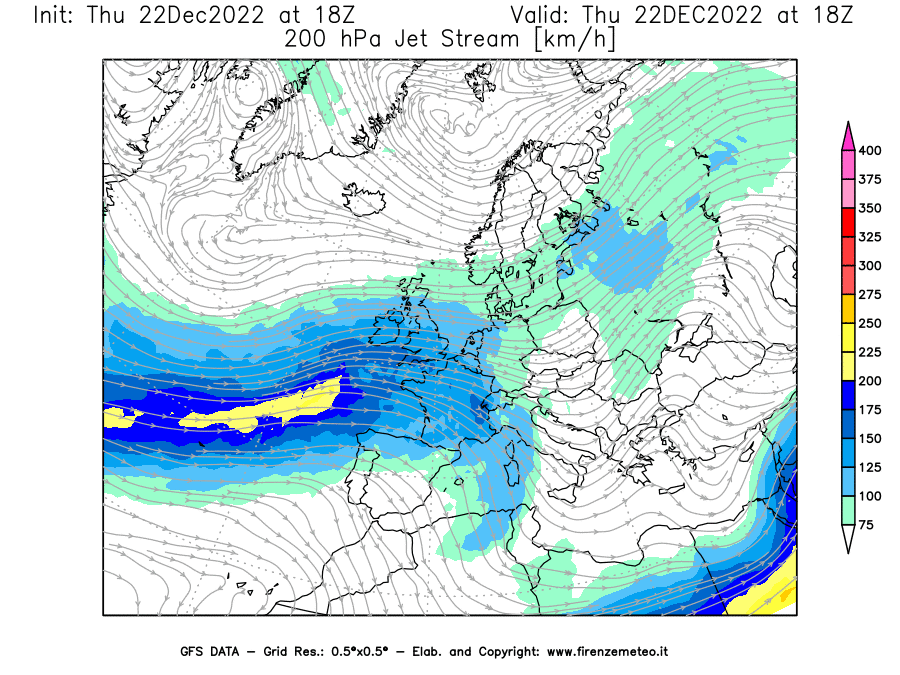 Mappa di analisi GFS - Jet Stream a 200 hPa in Europa
							del 22/12/2022 18 <!--googleoff: index-->UTC<!--googleon: index-->