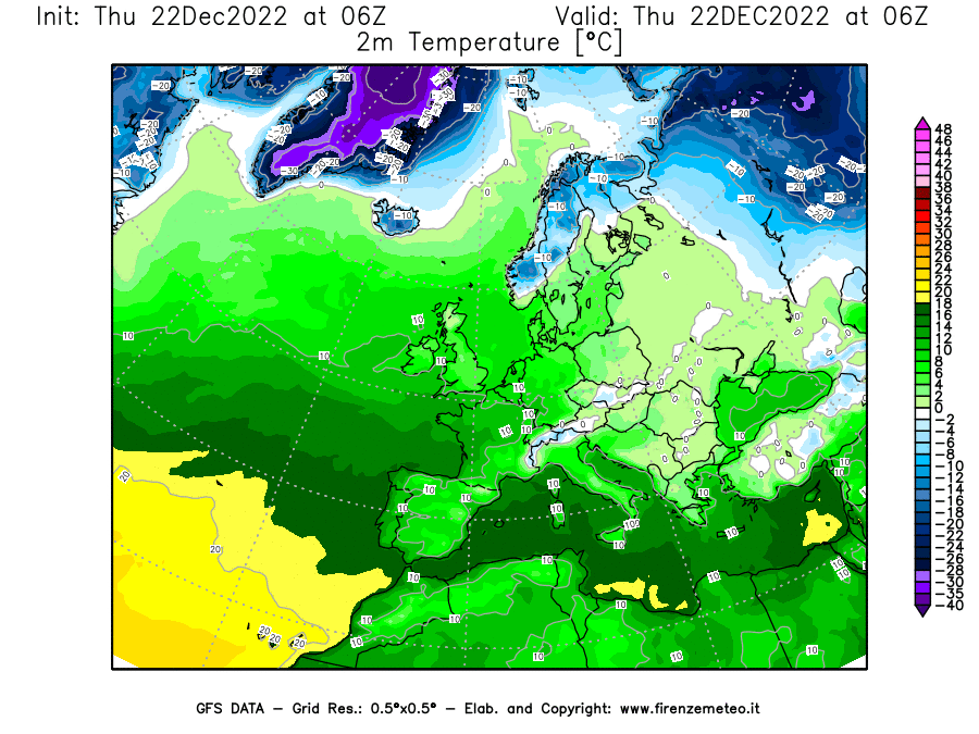 Mappa di analisi GFS - Temperatura a 2 metri dal suolo [°C] in Europa
							del 22/12/2022 06 <!--googleoff: index-->UTC<!--googleon: index-->