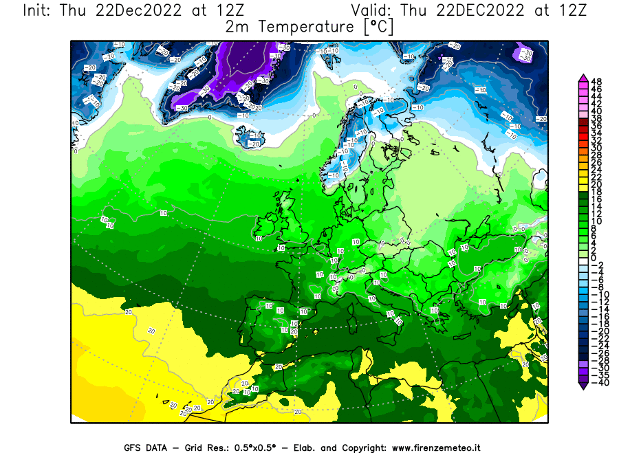 Mappa di analisi GFS - Temperatura a 2 metri dal suolo [°C] in Europa
							del 22/12/2022 12 <!--googleoff: index-->UTC<!--googleon: index-->