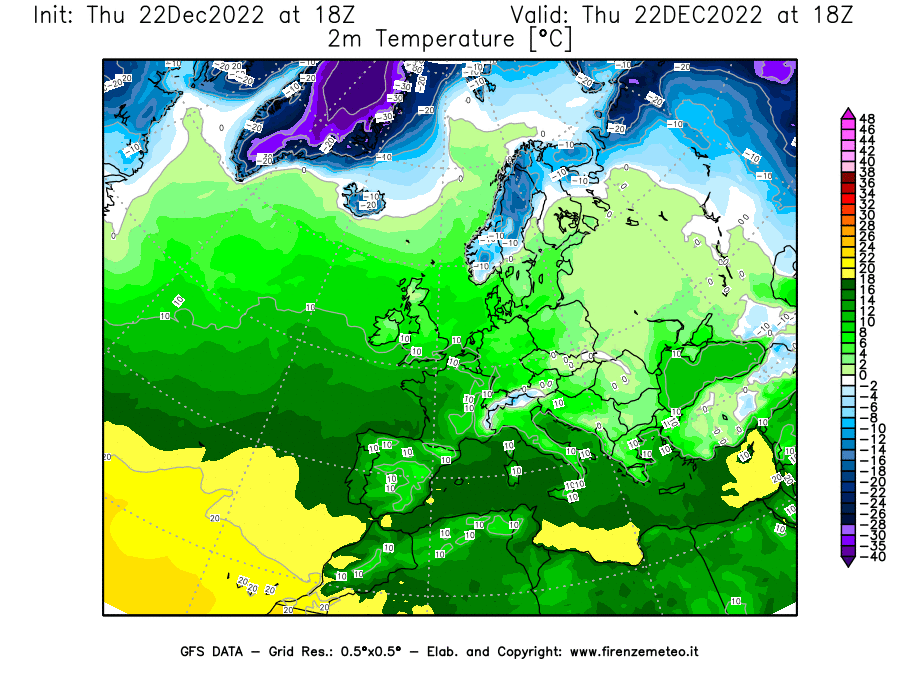 Mappa di analisi GFS - Temperatura a 2 metri dal suolo [°C] in Europa
							del 22/12/2022 18 <!--googleoff: index-->UTC<!--googleon: index-->