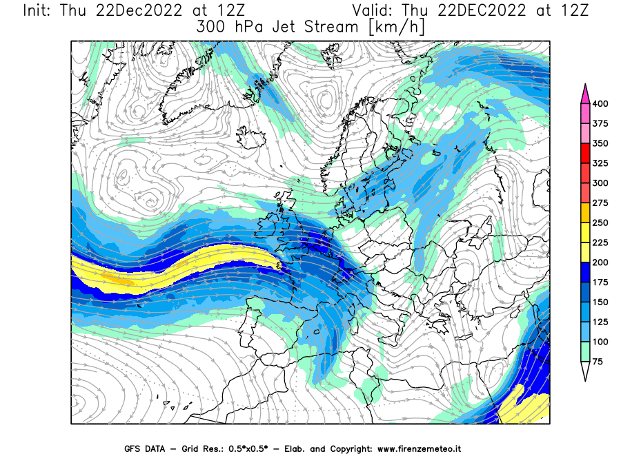 Mappa di analisi GFS - Jet Stream a 300 hPa in Europa
							del 22/12/2022 12 <!--googleoff: index-->UTC<!--googleon: index-->