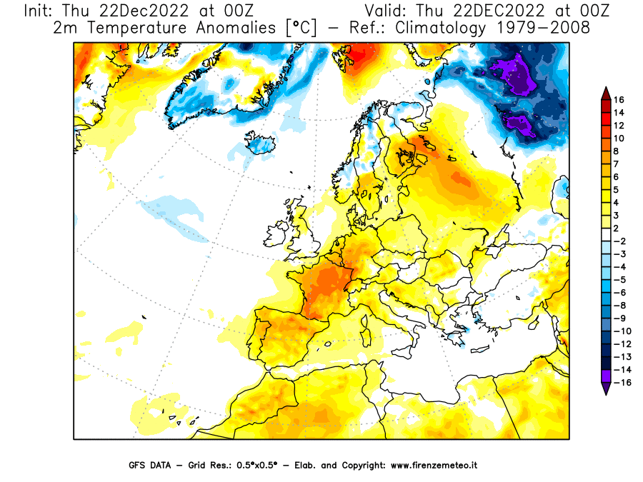 Mappa di analisi GFS - Anomalia Temperatura [°C] a 2 m in Europa
							del 22/12/2022 00 <!--googleoff: index-->UTC<!--googleon: index-->