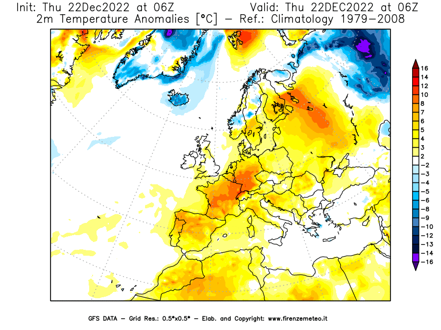 Mappa di analisi GFS - Anomalia Temperatura [°C] a 2 m in Europa
							del 22/12/2022 06 <!--googleoff: index-->UTC<!--googleon: index-->