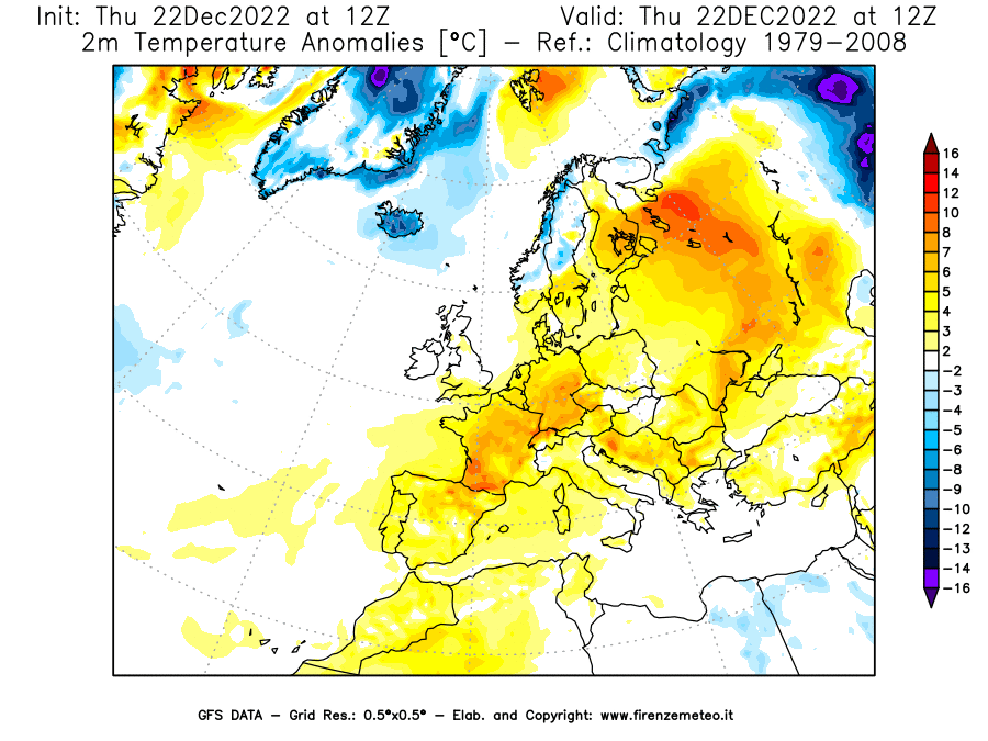 Mappa di analisi GFS - Anomalia Temperatura [°C] a 2 m in Europa
							del 22/12/2022 12 <!--googleoff: index-->UTC<!--googleon: index-->