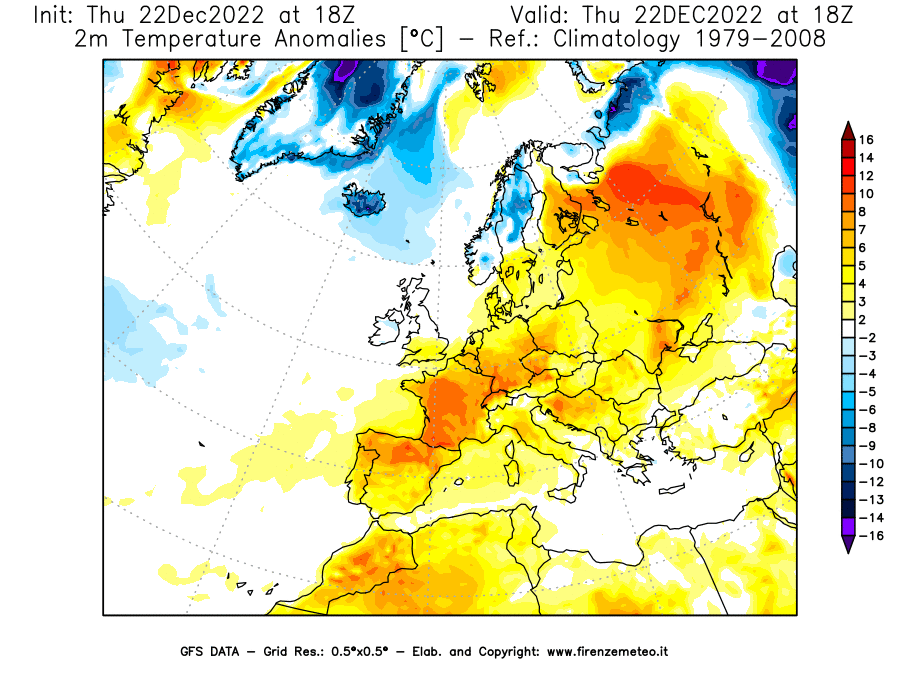 Mappa di analisi GFS - Anomalia Temperatura [°C] a 2 m in Europa
							del 22/12/2022 18 <!--googleoff: index-->UTC<!--googleon: index-->