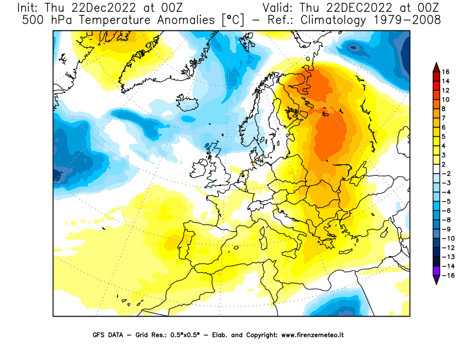Mappa di analisi GFS - Anomalia Temperatura [°C] a 500 hPa in Europa
							del 22/12/2022 00 <!--googleoff: index-->UTC<!--googleon: index-->