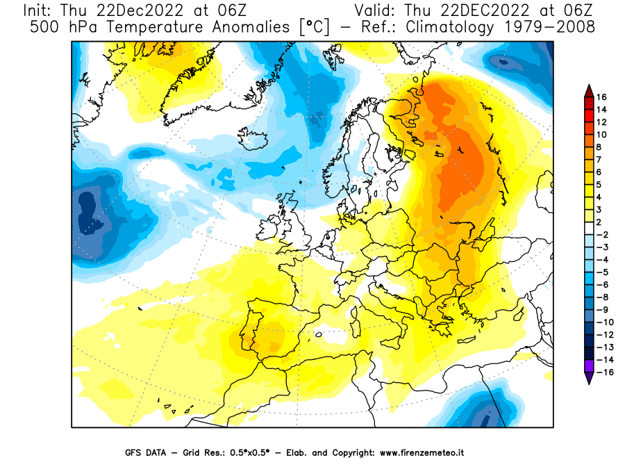 Mappa di analisi GFS - Anomalia Temperatura [°C] a 500 hPa in Europa
							del 22/12/2022 06 <!--googleoff: index-->UTC<!--googleon: index-->