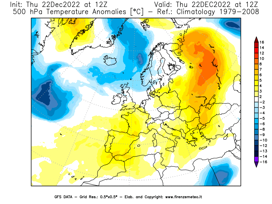 Mappa di analisi GFS - Anomalia Temperatura [°C] a 500 hPa in Europa
							del 22/12/2022 12 <!--googleoff: index-->UTC<!--googleon: index-->