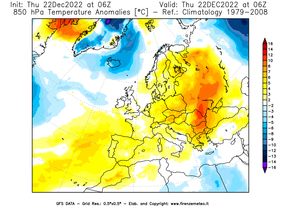 Mappa di analisi GFS - Anomalia Temperatura [°C] a 850 hPa in Europa
							del 22/12/2022 06 <!--googleoff: index-->UTC<!--googleon: index-->