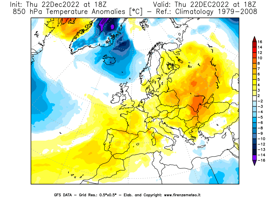 Mappa di analisi GFS - Anomalia Temperatura [°C] a 850 hPa in Europa
							del 22/12/2022 18 <!--googleoff: index-->UTC<!--googleon: index-->
