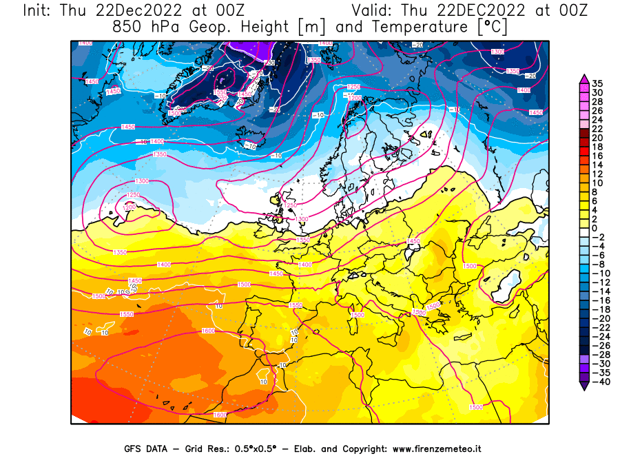 Mappa di analisi GFS - Geopotenziale [m] e Temperatura [°C] a 850 hPa in Europa
							del 22/12/2022 00 <!--googleoff: index-->UTC<!--googleon: index-->