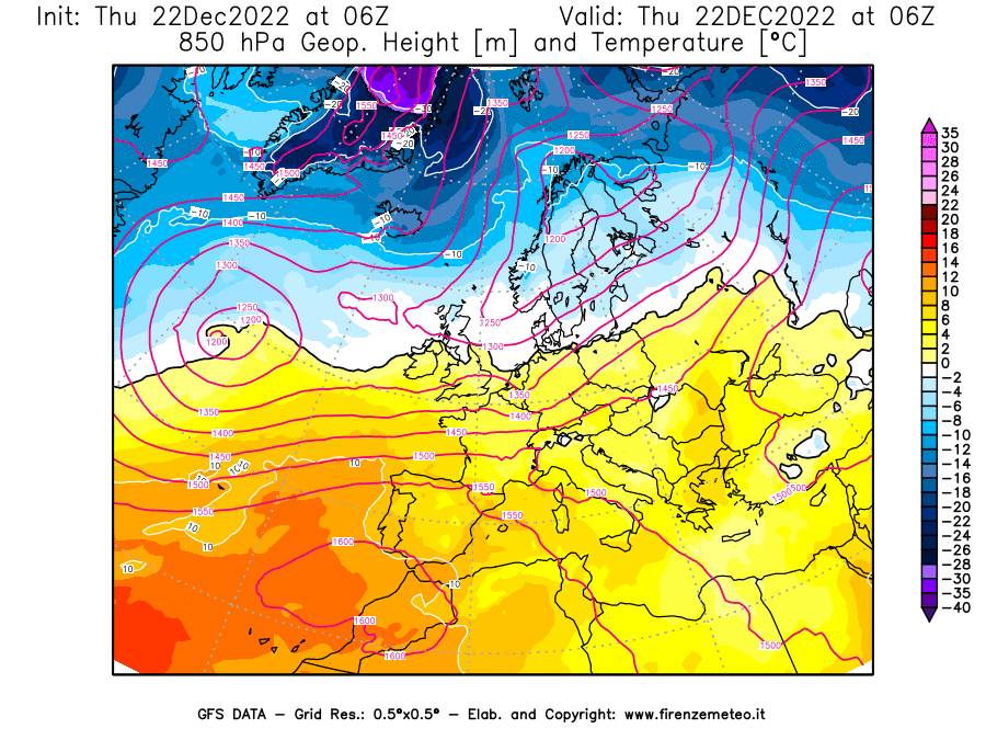 Mappa di analisi GFS - Geopotenziale [m] e Temperatura [°C] a 850 hPa in Europa
							del 22/12/2022 06 <!--googleoff: index-->UTC<!--googleon: index-->