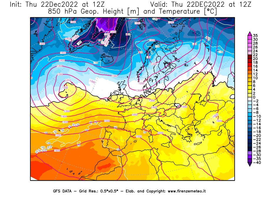 Mappa di analisi GFS - Geopotenziale [m] e Temperatura [°C] a 850 hPa in Europa
							del 22/12/2022 12 <!--googleoff: index-->UTC<!--googleon: index-->