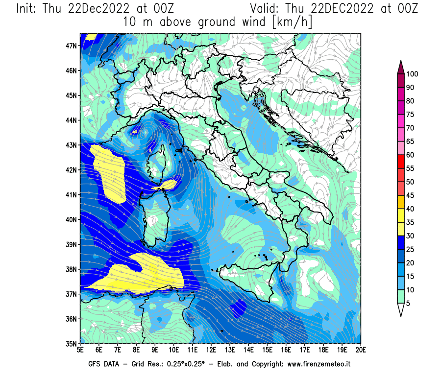 Mappa di analisi GFS - Velocità del vento a 10 metri dal suolo [km/h] in Italia
							del 22/12/2022 00 <!--googleoff: index-->UTC<!--googleon: index-->