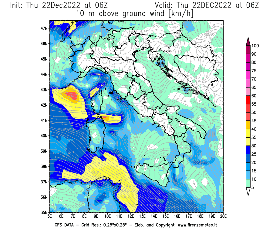 Mappa di analisi GFS - Velocità del vento a 10 metri dal suolo [km/h] in Italia
							del 22/12/2022 06 <!--googleoff: index-->UTC<!--googleon: index-->