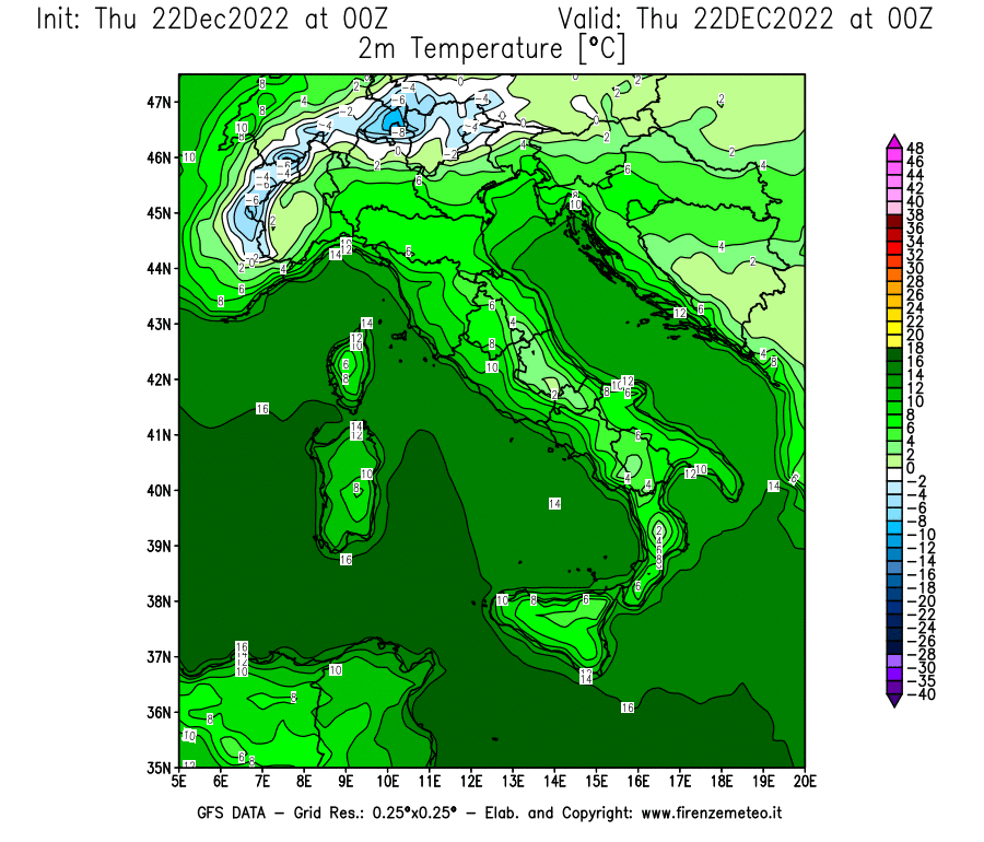 Mappa di analisi GFS - Temperatura a 2 metri dal suolo [°C] in Italia
							del 22/12/2022 00 <!--googleoff: index-->UTC<!--googleon: index-->