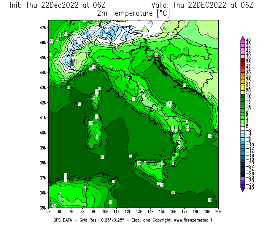 Mappa di analisi GFS - Temperatura a 2 metri dal suolo [°C] in Italia
							del 22/12/2022 06 <!--googleoff: index-->UTC<!--googleon: index-->