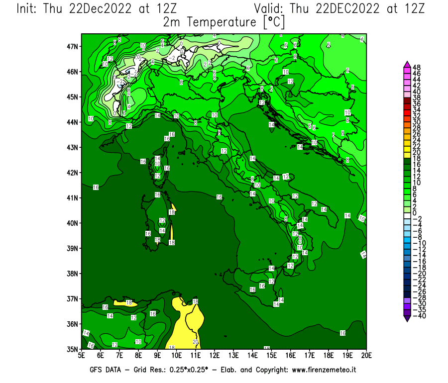 Mappa di analisi GFS - Temperatura a 2 metri dal suolo [°C] in Italia
							del 22/12/2022 12 <!--googleoff: index-->UTC<!--googleon: index-->