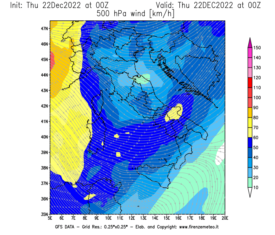 Mappa di analisi GFS - Velocità del vento a 500 hPa [km/h] in Italia
							del 22/12/2022 00 <!--googleoff: index-->UTC<!--googleon: index-->