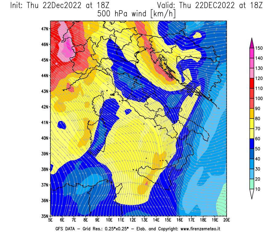 Mappa di analisi GFS - Velocità del vento a 500 hPa [km/h] in Italia
							del 22/12/2022 18 <!--googleoff: index-->UTC<!--googleon: index-->