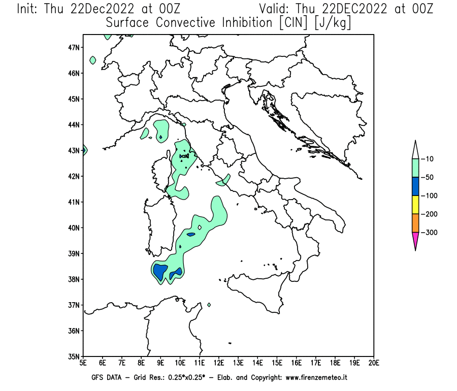 Mappa di analisi GFS - CIN [J/kg] in Italia
							del 22/12/2022 00 <!--googleoff: index-->UTC<!--googleon: index-->