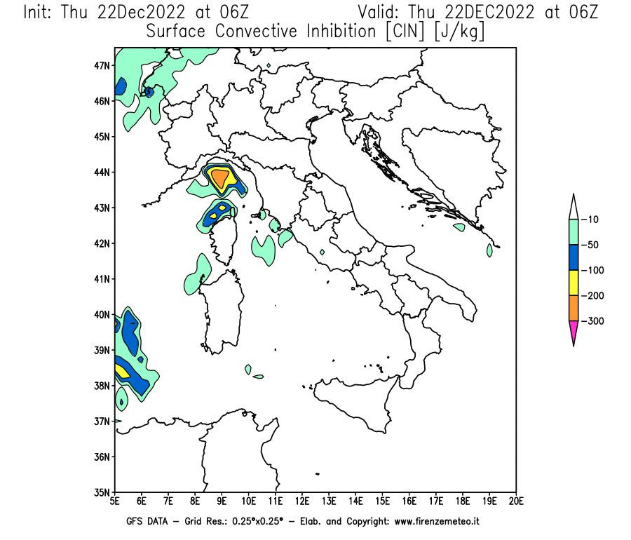 Mappa di analisi GFS - CIN [J/kg] in Italia
							del 22/12/2022 06 <!--googleoff: index-->UTC<!--googleon: index-->