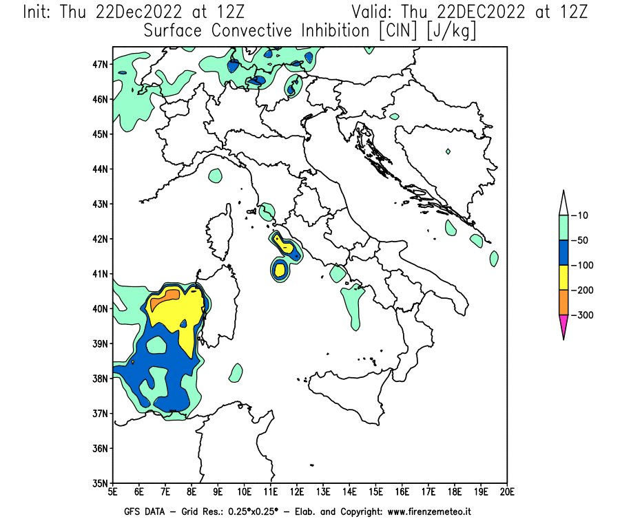 Mappa di analisi GFS - CIN [J/kg] in Italia
							del 22/12/2022 12 <!--googleoff: index-->UTC<!--googleon: index-->
