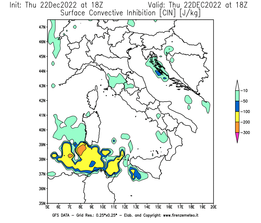 Mappa di analisi GFS - CIN [J/kg] in Italia
							del 22/12/2022 18 <!--googleoff: index-->UTC<!--googleon: index-->