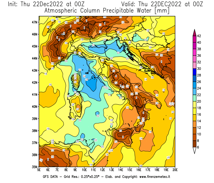 Mappa di analisi GFS - Precipitable Water [mm] in Italia
							del 22/12/2022 00 <!--googleoff: index-->UTC<!--googleon: index-->