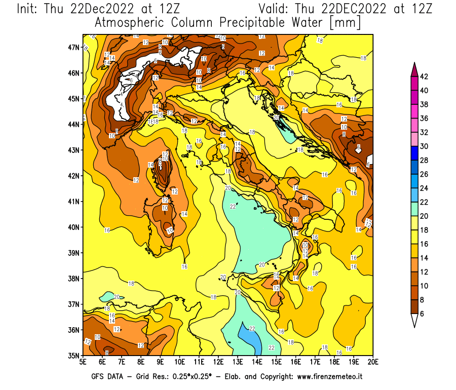 Mappa di analisi GFS - Precipitable Water [mm] in Italia
							del 22/12/2022 12 <!--googleoff: index-->UTC<!--googleon: index-->