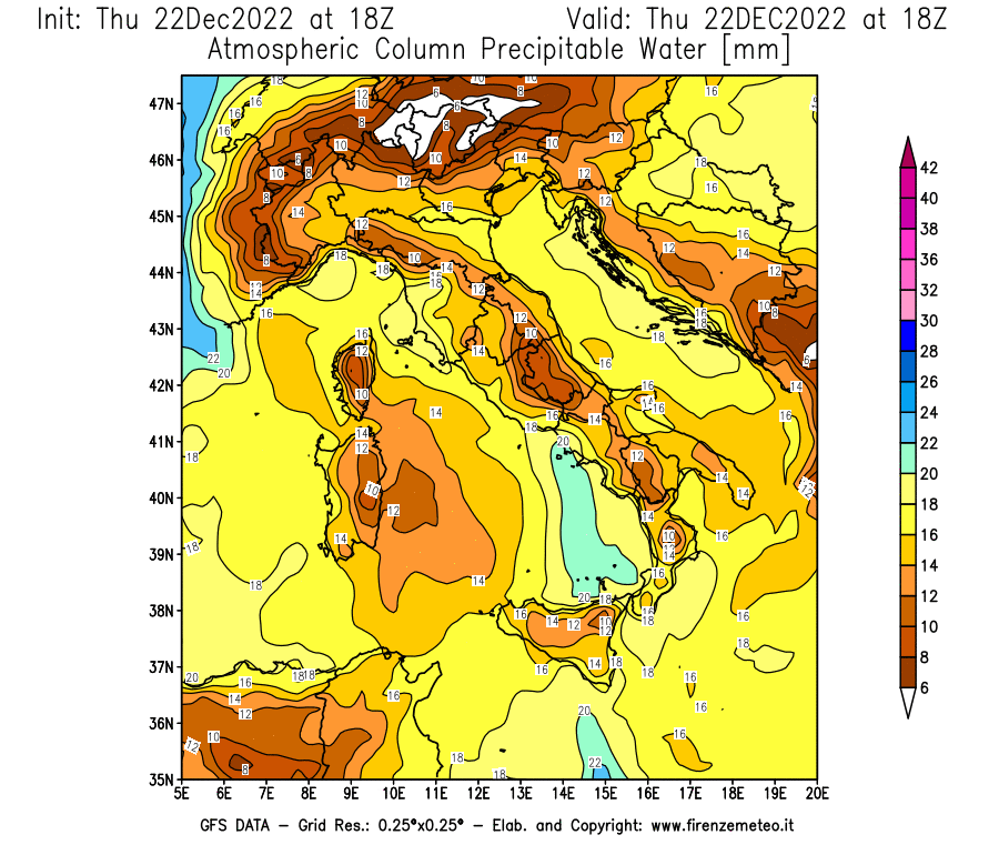 Mappa di analisi GFS - Precipitable Water [mm] in Italia
							del 22/12/2022 18 <!--googleoff: index-->UTC<!--googleon: index-->