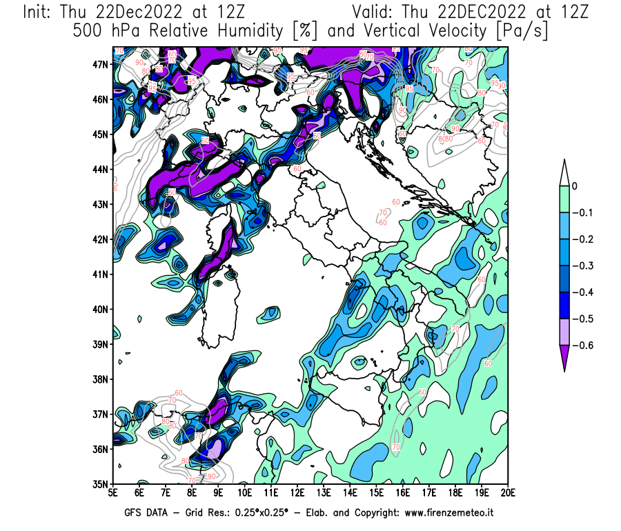 Mappa di analisi GFS - Umidità relativa [%] e Omega [Pa/s] a 500 hPa in Italia
							del 22/12/2022 12 <!--googleoff: index-->UTC<!--googleon: index-->
