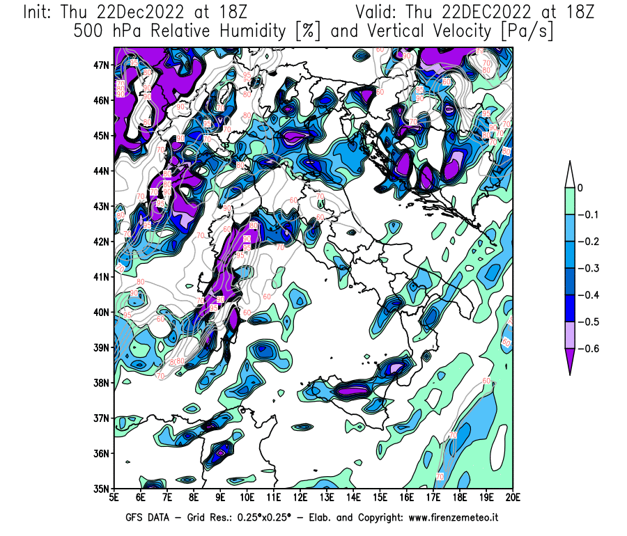 Mappa di analisi GFS - Umidità relativa [%] e Omega [Pa/s] a 500 hPa in Italia
							del 22/12/2022 18 <!--googleoff: index-->UTC<!--googleon: index-->
