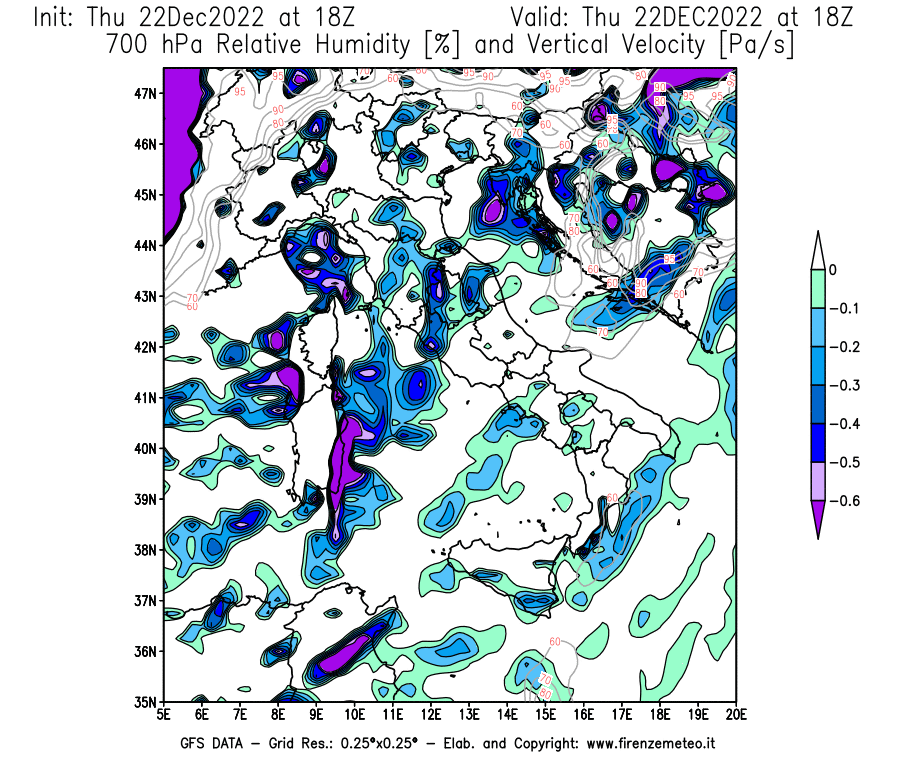 Mappa di analisi GFS - Umidità relativa [%] e Omega [Pa/s] a 700 hPa in Italia
							del 22/12/2022 18 <!--googleoff: index-->UTC<!--googleon: index-->
