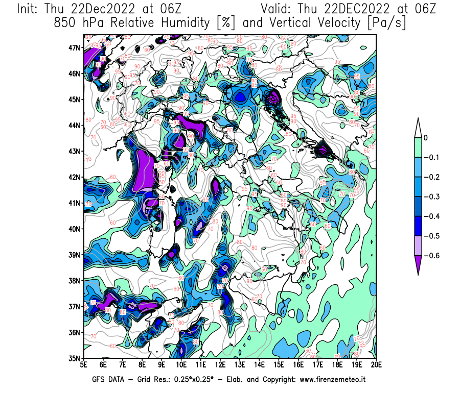 Mappa di analisi GFS - Umidità relativa [%] e Omega [Pa/s] a 850 hPa in Italia
							del 22/12/2022 06 <!--googleoff: index-->UTC<!--googleon: index-->