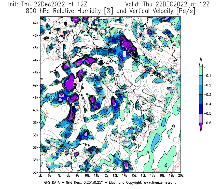 Mappa di analisi GFS - Umidità relativa [%] e Omega [Pa/s] a 850 hPa in Italia
							del 22/12/2022 12 <!--googleoff: index-->UTC<!--googleon: index-->