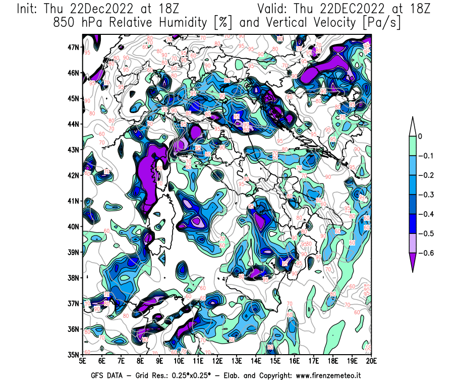 Mappa di analisi GFS - Umidità relativa [%] e Omega [Pa/s] a 850 hPa in Italia
							del 22/12/2022 18 <!--googleoff: index-->UTC<!--googleon: index-->