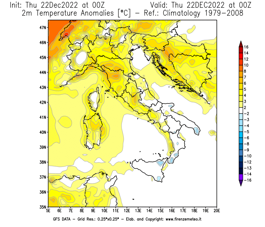 Mappa di analisi GFS - Anomalia Temperatura [°C] a 2 m in Italia
							del 22/12/2022 00 <!--googleoff: index-->UTC<!--googleon: index-->
