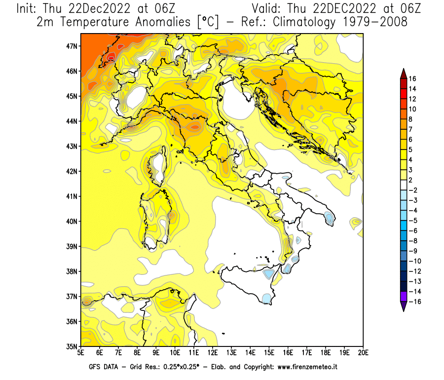 Mappa di analisi GFS - Anomalia Temperatura [°C] a 2 m in Italia
							del 22/12/2022 06 <!--googleoff: index-->UTC<!--googleon: index-->
