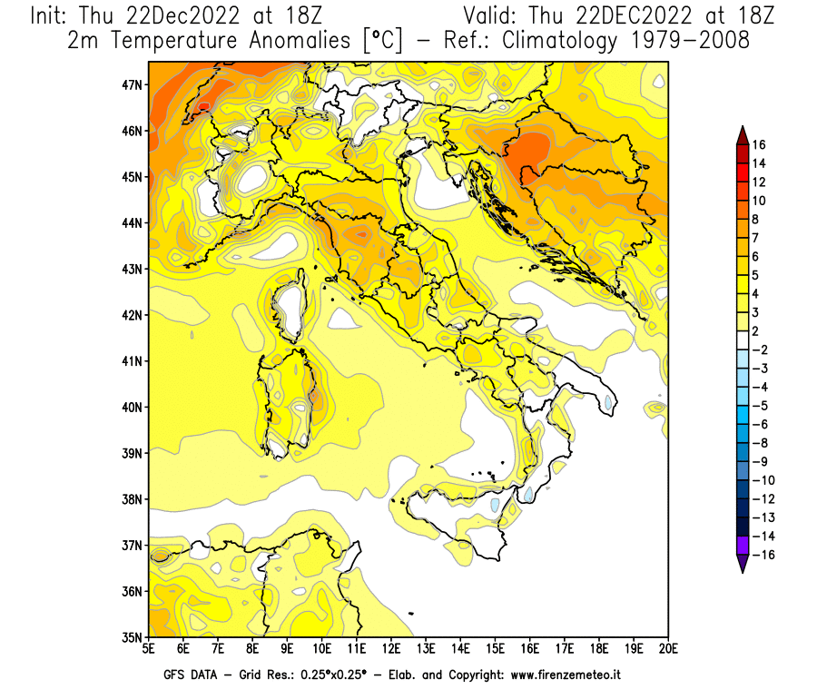 Mappa di analisi GFS - Anomalia Temperatura [°C] a 2 m in Italia
							del 22/12/2022 18 <!--googleoff: index-->UTC<!--googleon: index-->