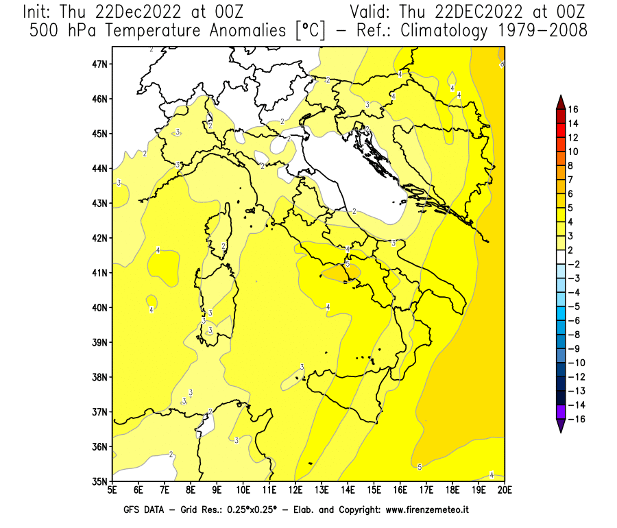 Mappa di analisi GFS - Anomalia Temperatura [°C] a 500 hPa in Italia
							del 22/12/2022 00 <!--googleoff: index-->UTC<!--googleon: index-->