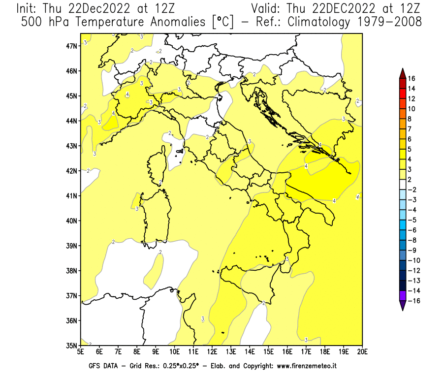 Mappa di analisi GFS - Anomalia Temperatura [°C] a 500 hPa in Italia
							del 22/12/2022 12 <!--googleoff: index-->UTC<!--googleon: index-->