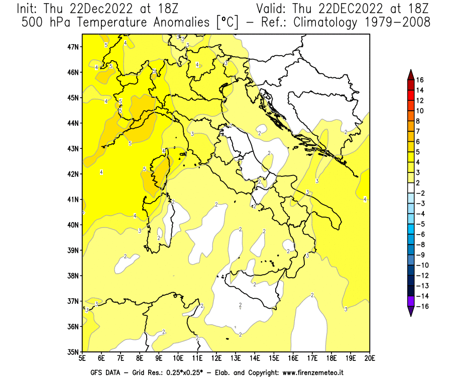 Mappa di analisi GFS - Anomalia Temperatura [°C] a 500 hPa in Italia
							del 22/12/2022 18 <!--googleoff: index-->UTC<!--googleon: index-->
