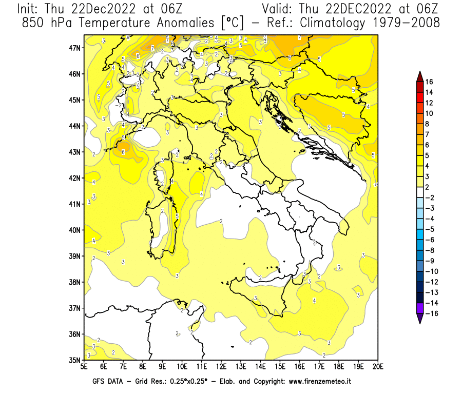 Mappa di analisi GFS - Anomalia Temperatura [°C] a 850 hPa in Italia
							del 22/12/2022 06 <!--googleoff: index-->UTC<!--googleon: index-->