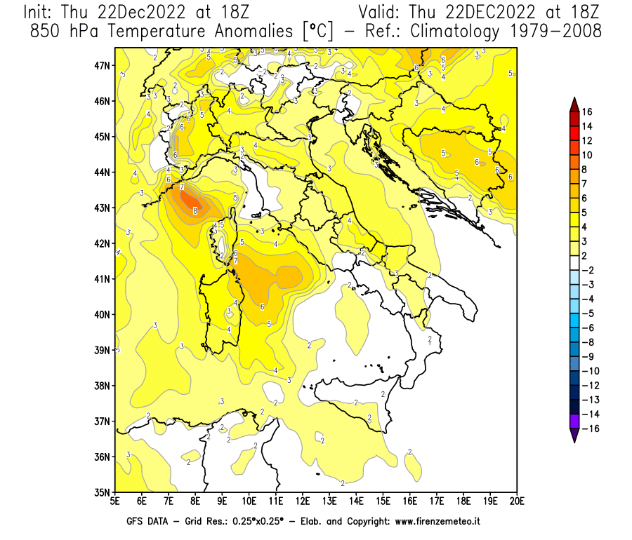 Mappa di analisi GFS - Anomalia Temperatura [°C] a 850 hPa in Italia
							del 22/12/2022 18 <!--googleoff: index-->UTC<!--googleon: index-->