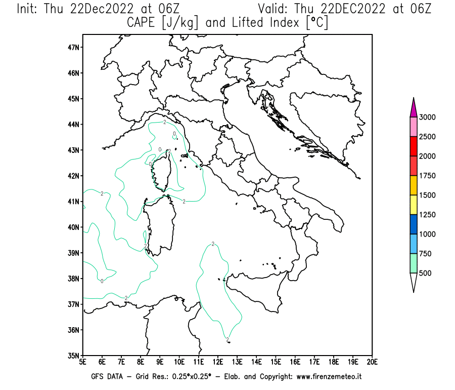 Mappa di analisi GFS - CAPE [J/kg] e Lifted Index [°C] in Italia
							del 22/12/2022 06 <!--googleoff: index-->UTC<!--googleon: index-->