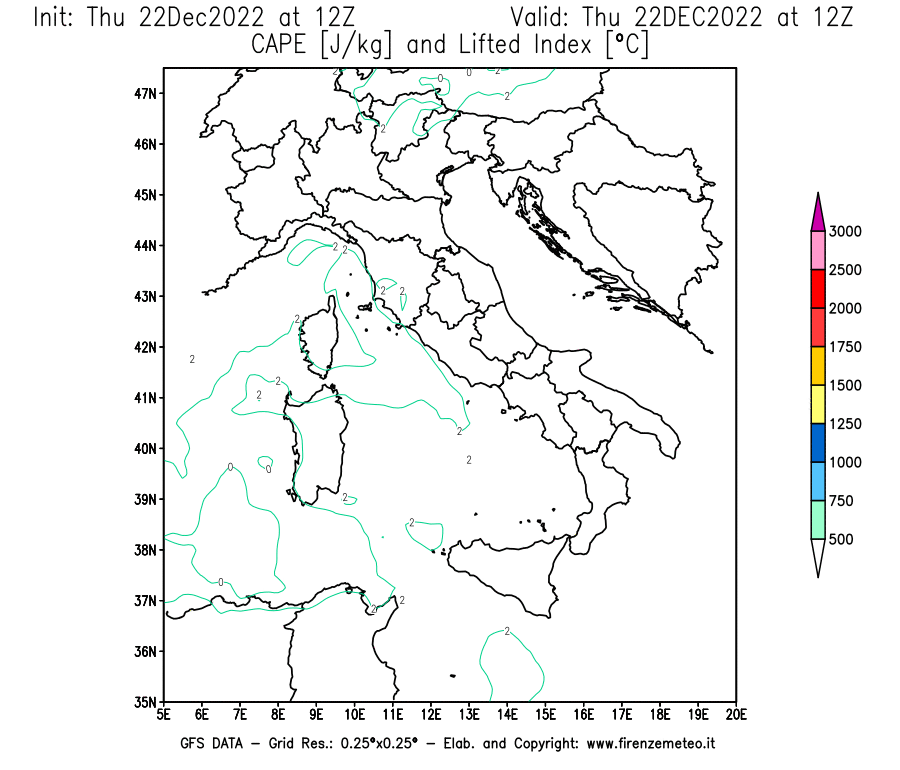Mappa di analisi GFS - CAPE [J/kg] e Lifted Index [°C] in Italia
							del 22/12/2022 12 <!--googleoff: index-->UTC<!--googleon: index-->