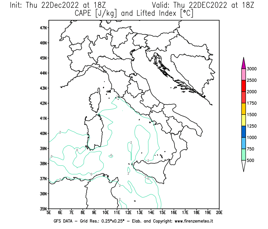 Mappa di analisi GFS - CAPE [J/kg] e Lifted Index [°C] in Italia
							del 22/12/2022 18 <!--googleoff: index-->UTC<!--googleon: index-->